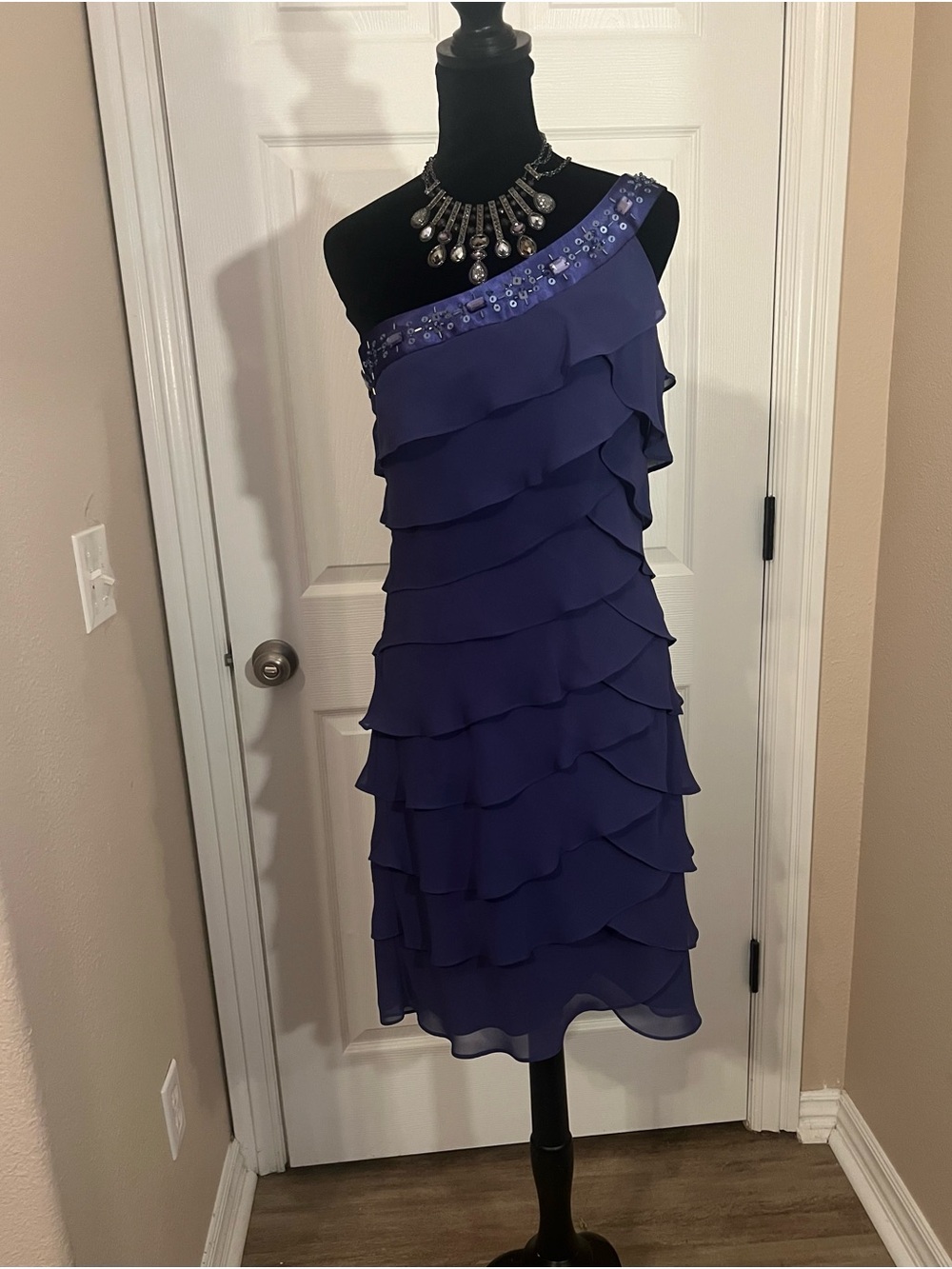 Purple ruffle wedding guest evening dress